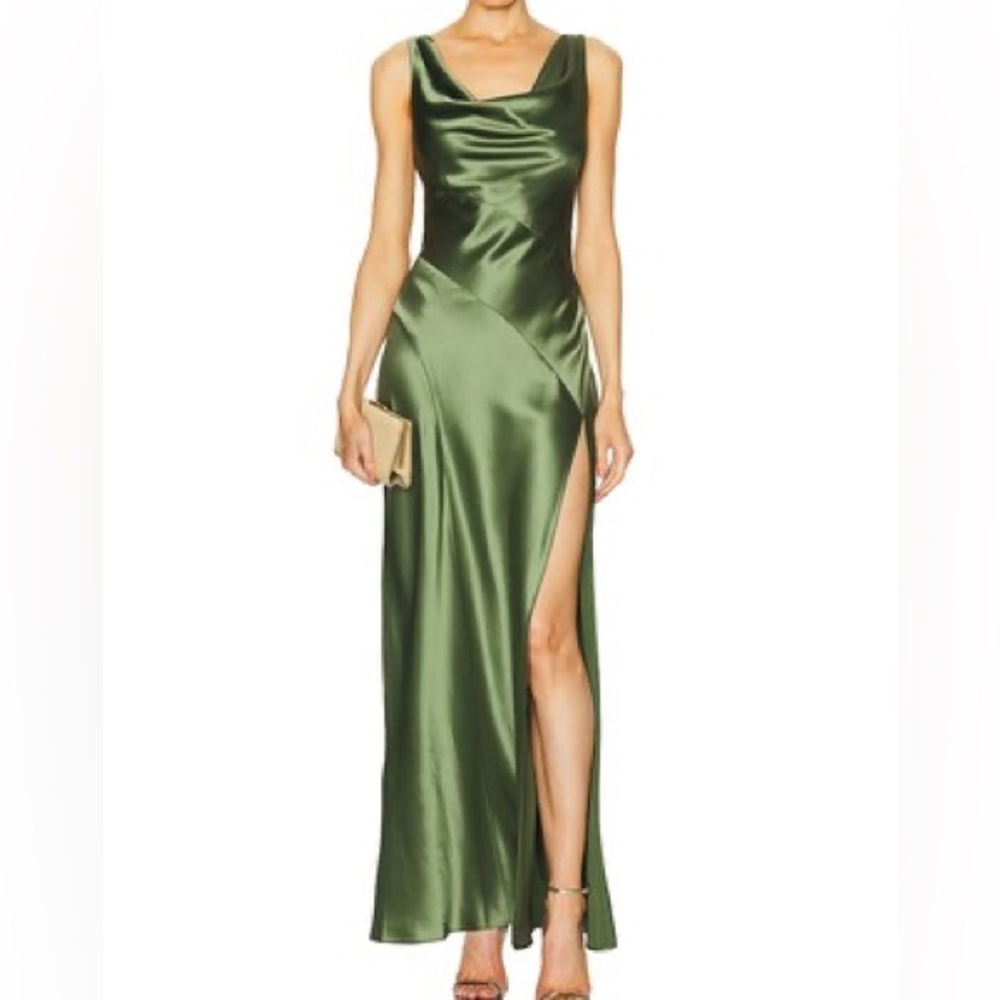 NICHOLAS Alfina Double Cowl Dark Olive Gown